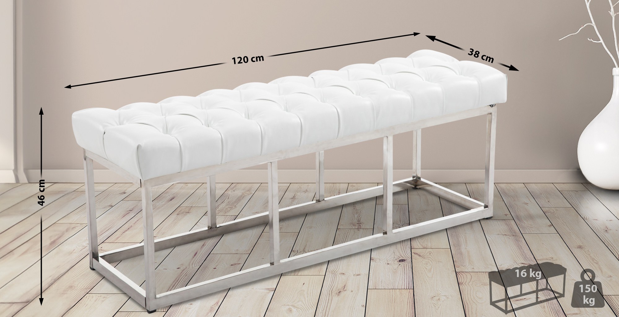 Sitzbank Amun Kunstleder Edelstahl weiß 120 cm