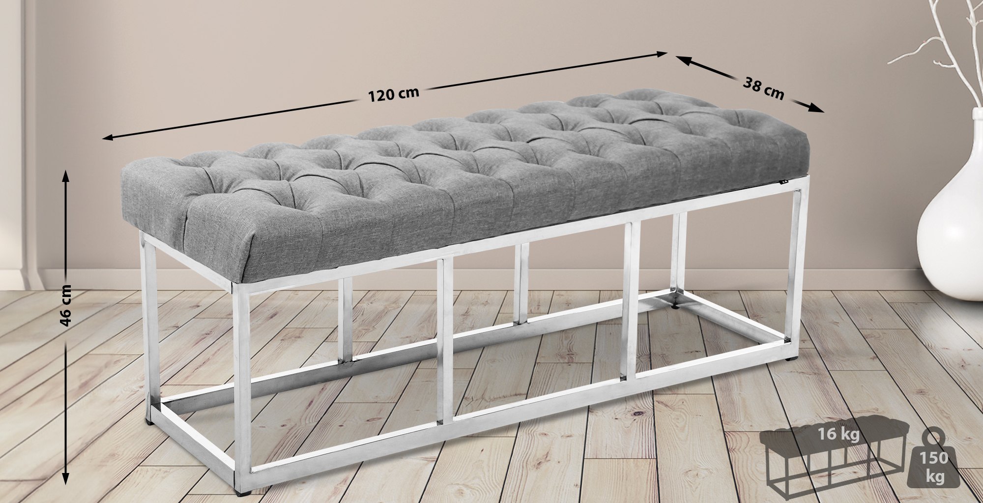 Sitzbank Amun Stoff Edelstahl grau 120 cm