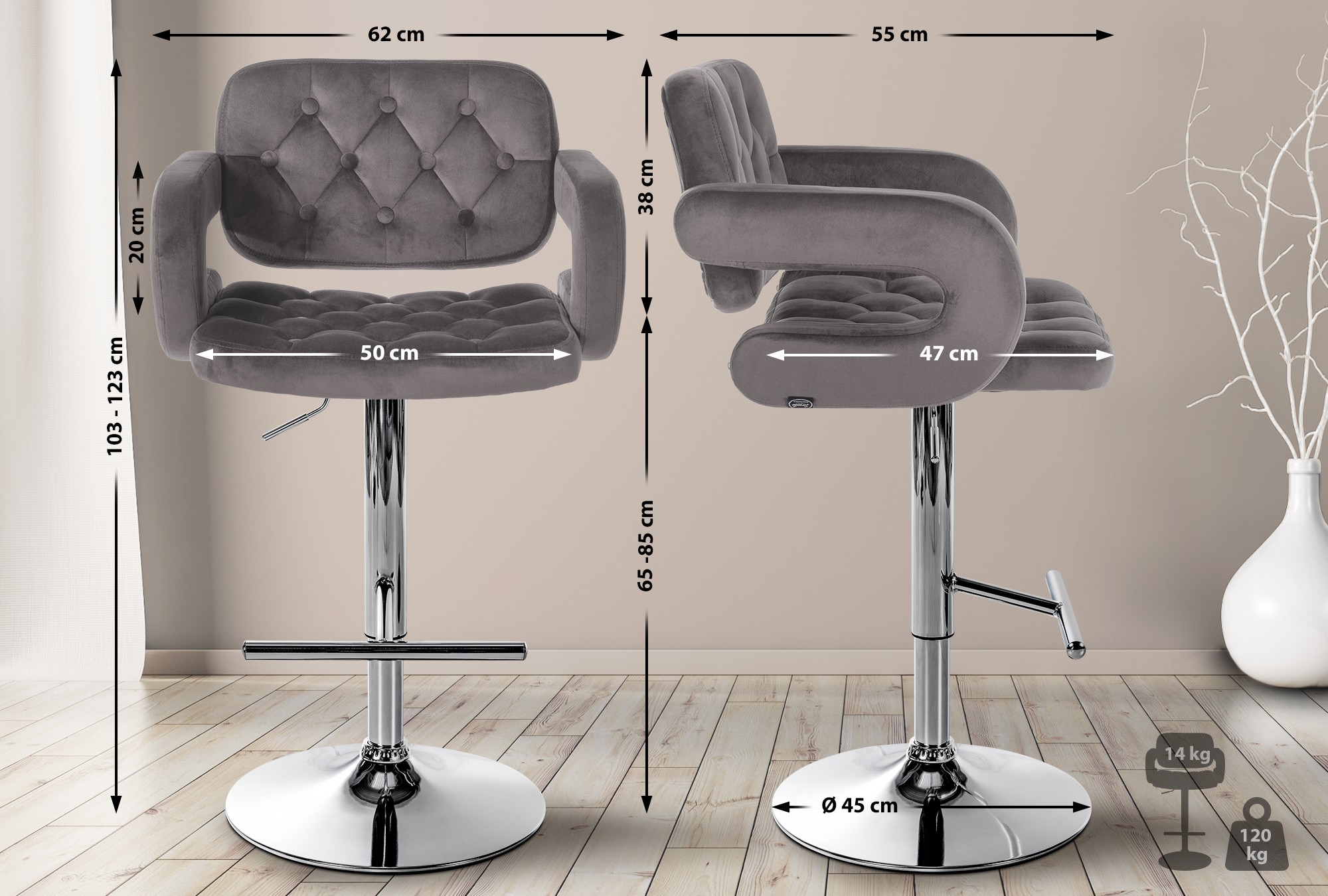 Barhocker Dublin Samt Metall in Chromoptik grau