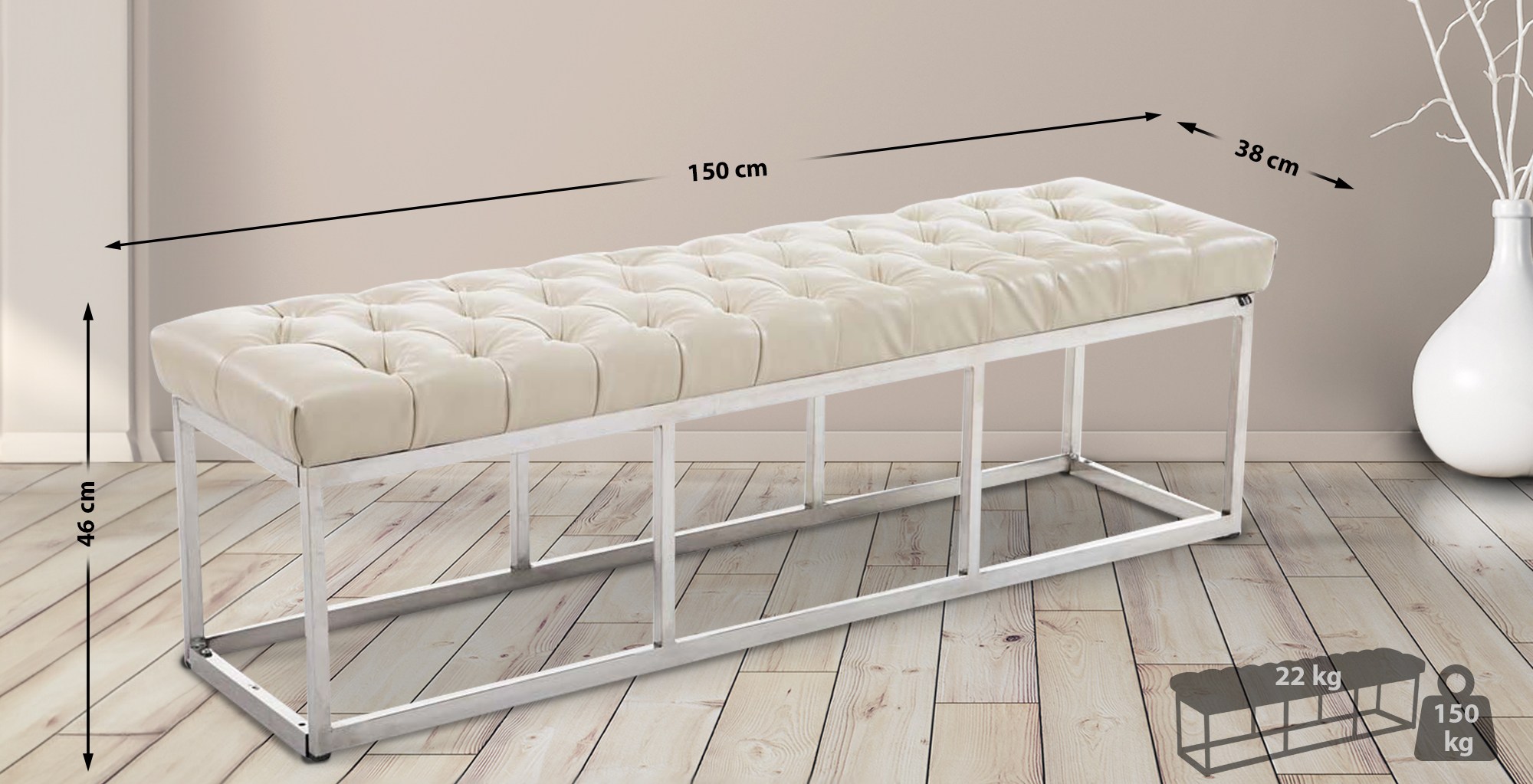 Sitzbank Amun Kunstleder Edelstahl creme 150 cm