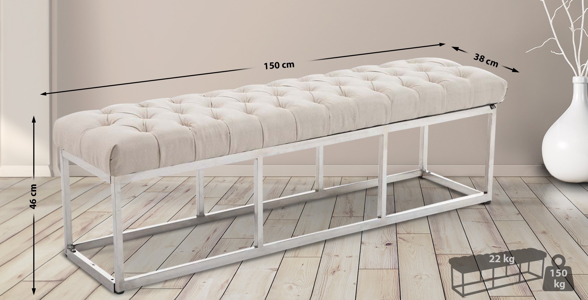 Sitzbank Amun Stoff Edelstahl creme 150 cm