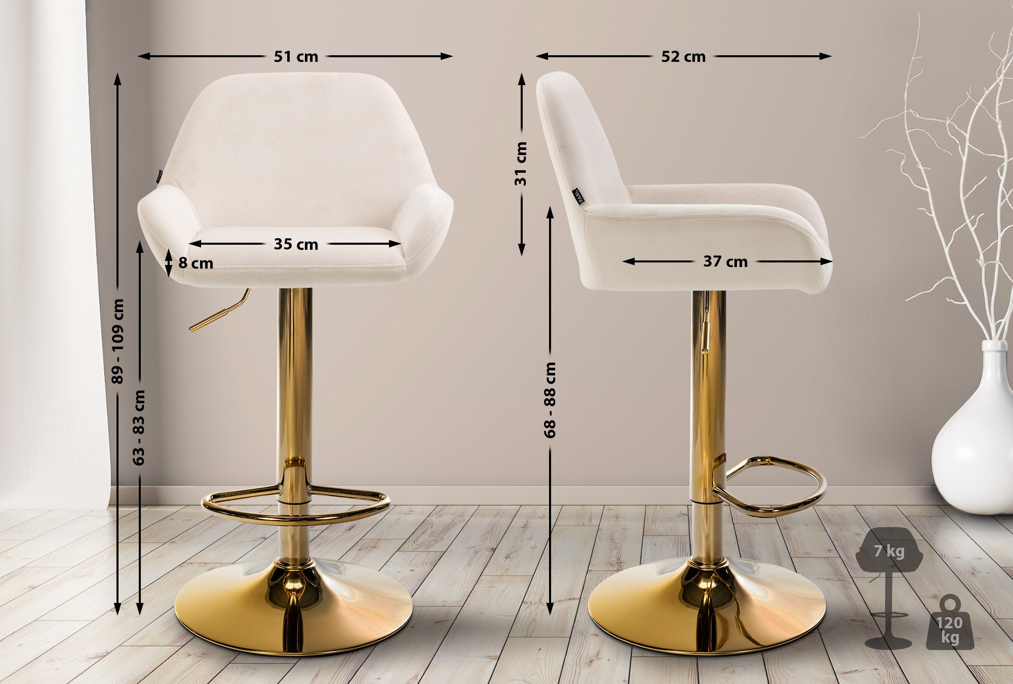 2er Set Barhocker Braga Gold Samt, mit Lehne, höhenverstellbar