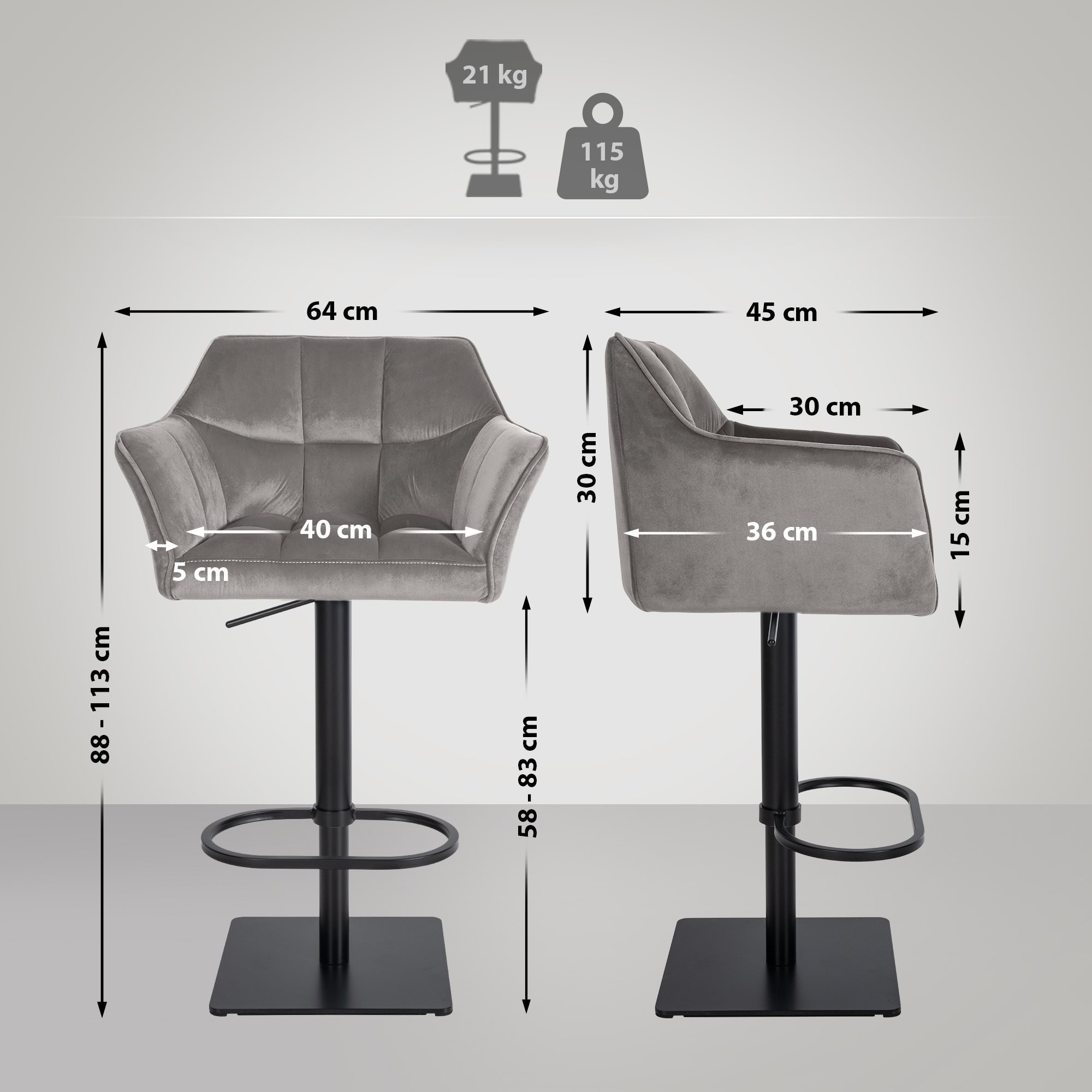 2er Set Barhocker Damaso Samt-Bezug, mit Lehne, 360° drehbar