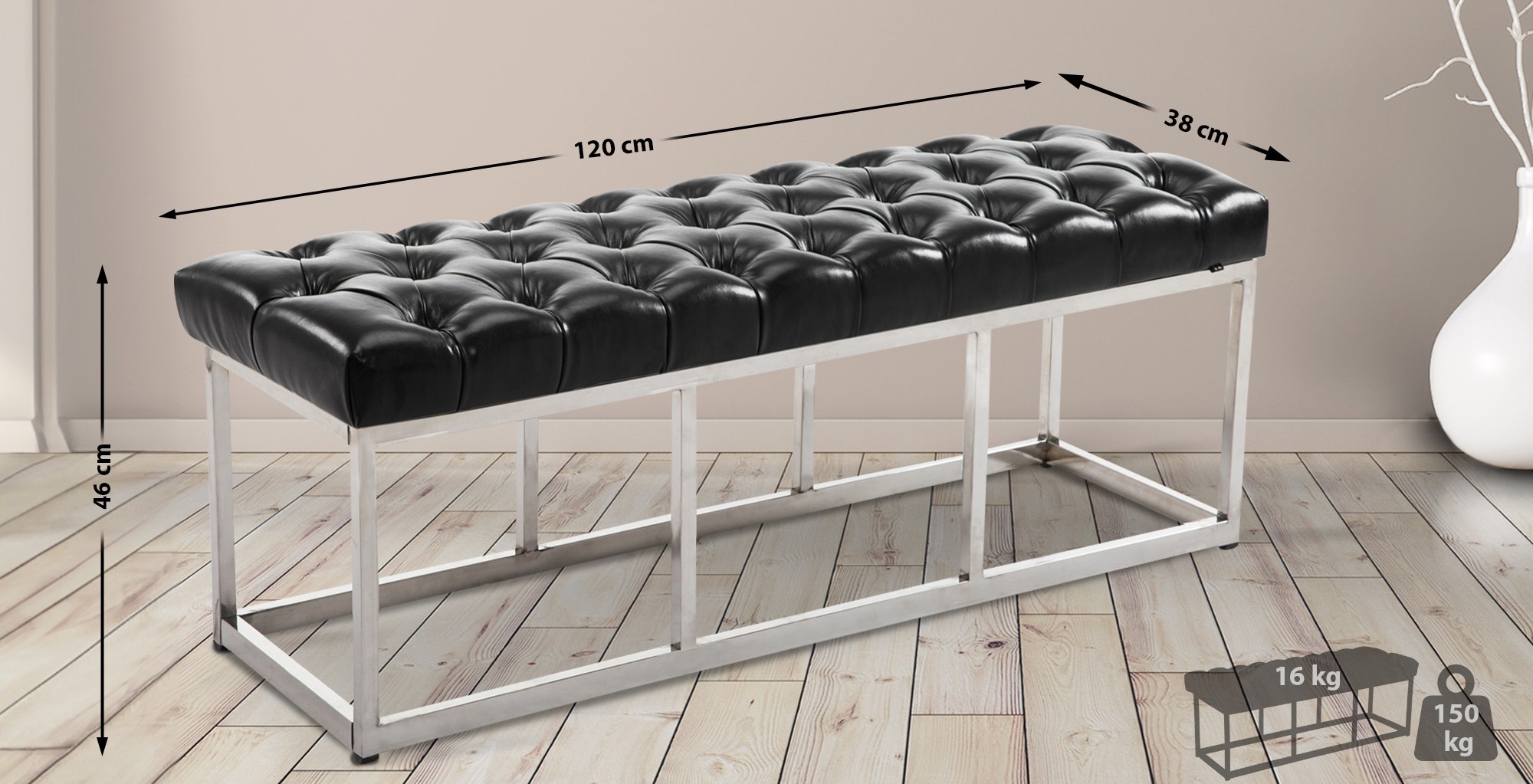 Sitzbank Amun Kunstleder Edelstahl schwarz 120 cm