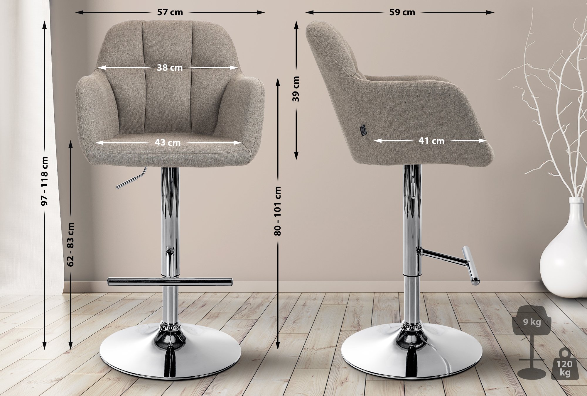 Barhocker Natoma Stoff, mit Lehne, 360° drehbar